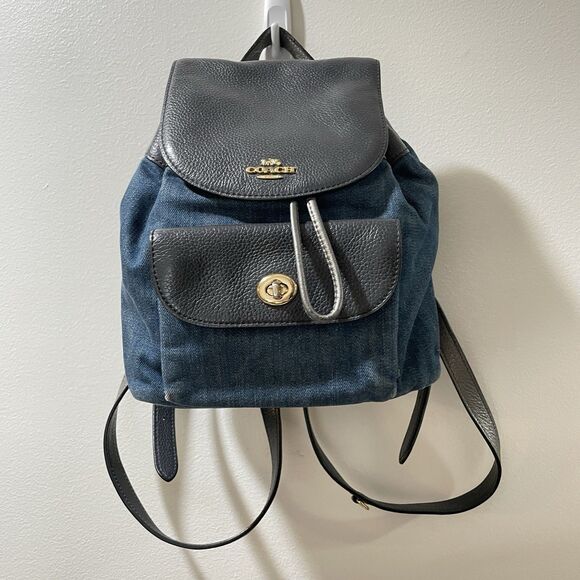 Coach Leather Denim Charlie Mini Backpack Turn Knob F24598 - Picture 1 of 15